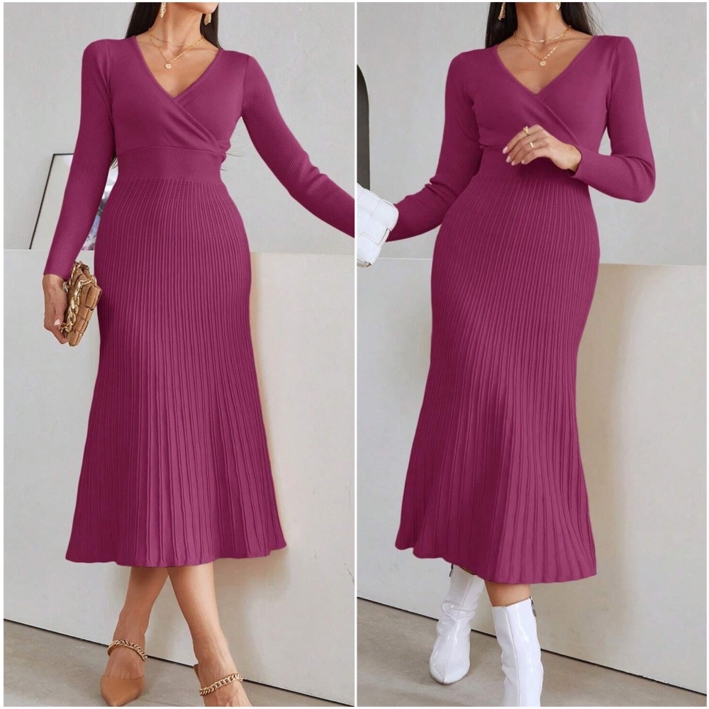 Classic Pleated Fitted Minimalist Sweater Dress